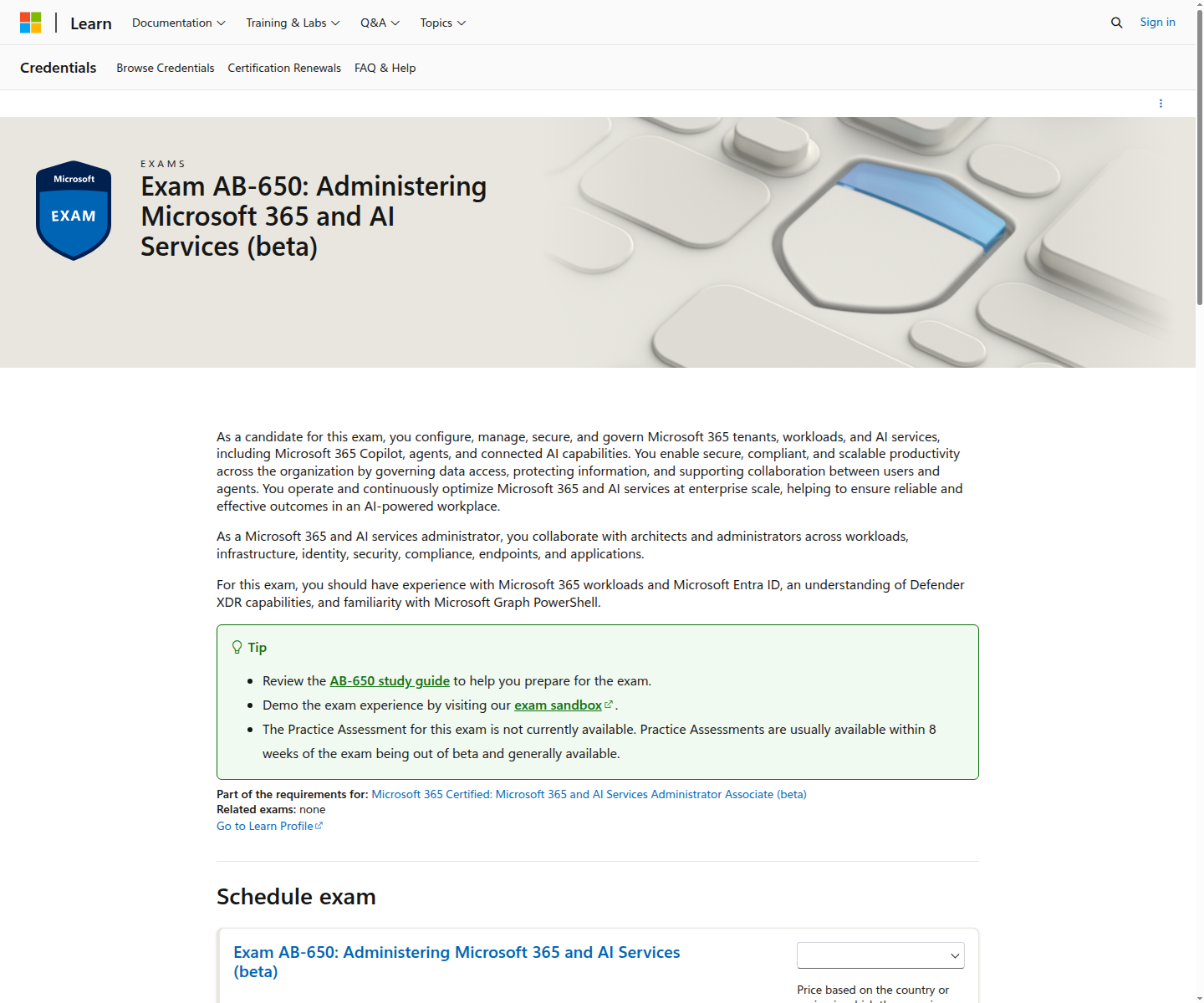 Official Microsoft Learn page for exam AB-650 Administering Microsoft 365 and AI Services beta