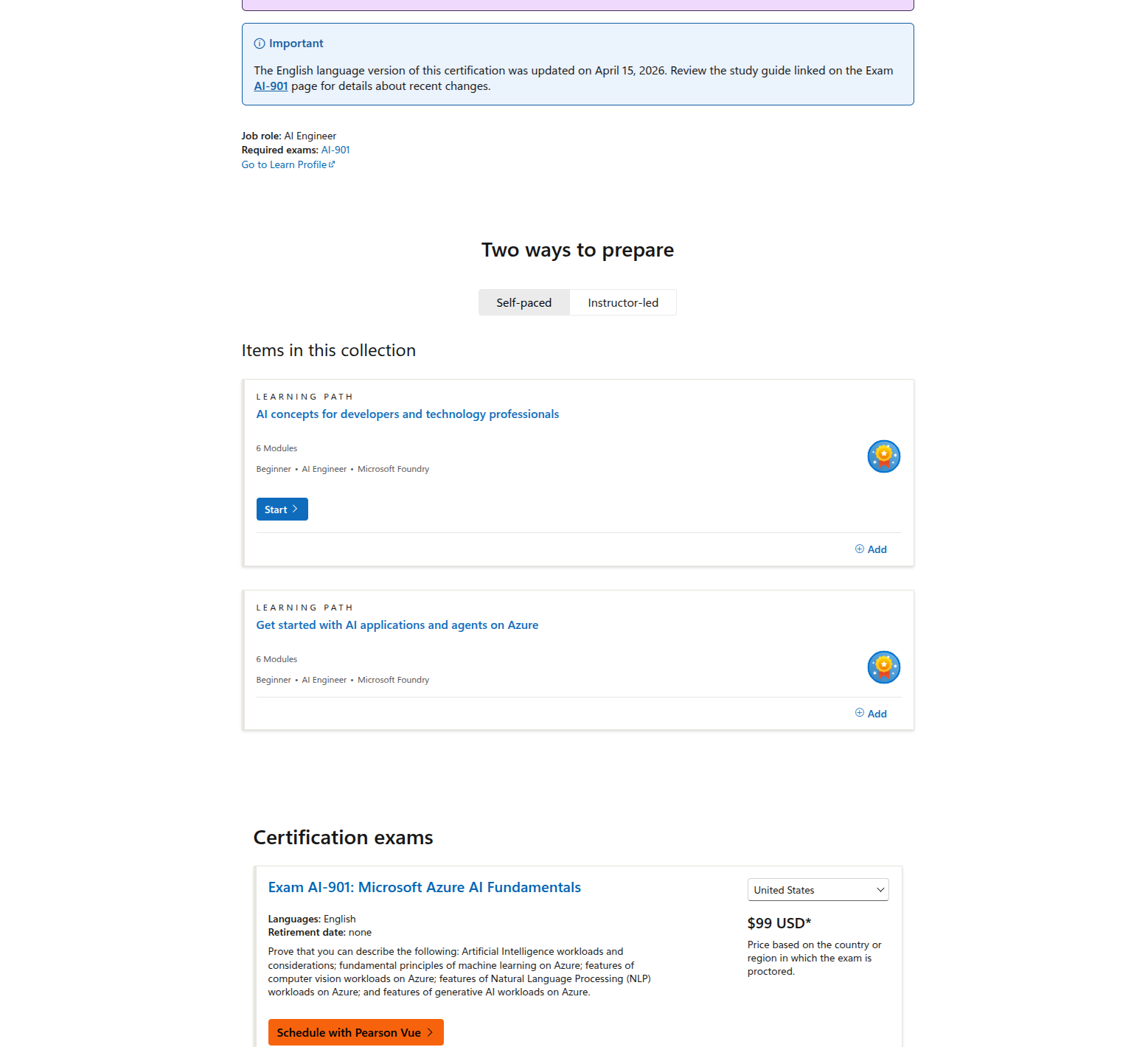 Microsoft Azure AI Fundamentals learning path cards and exam overview