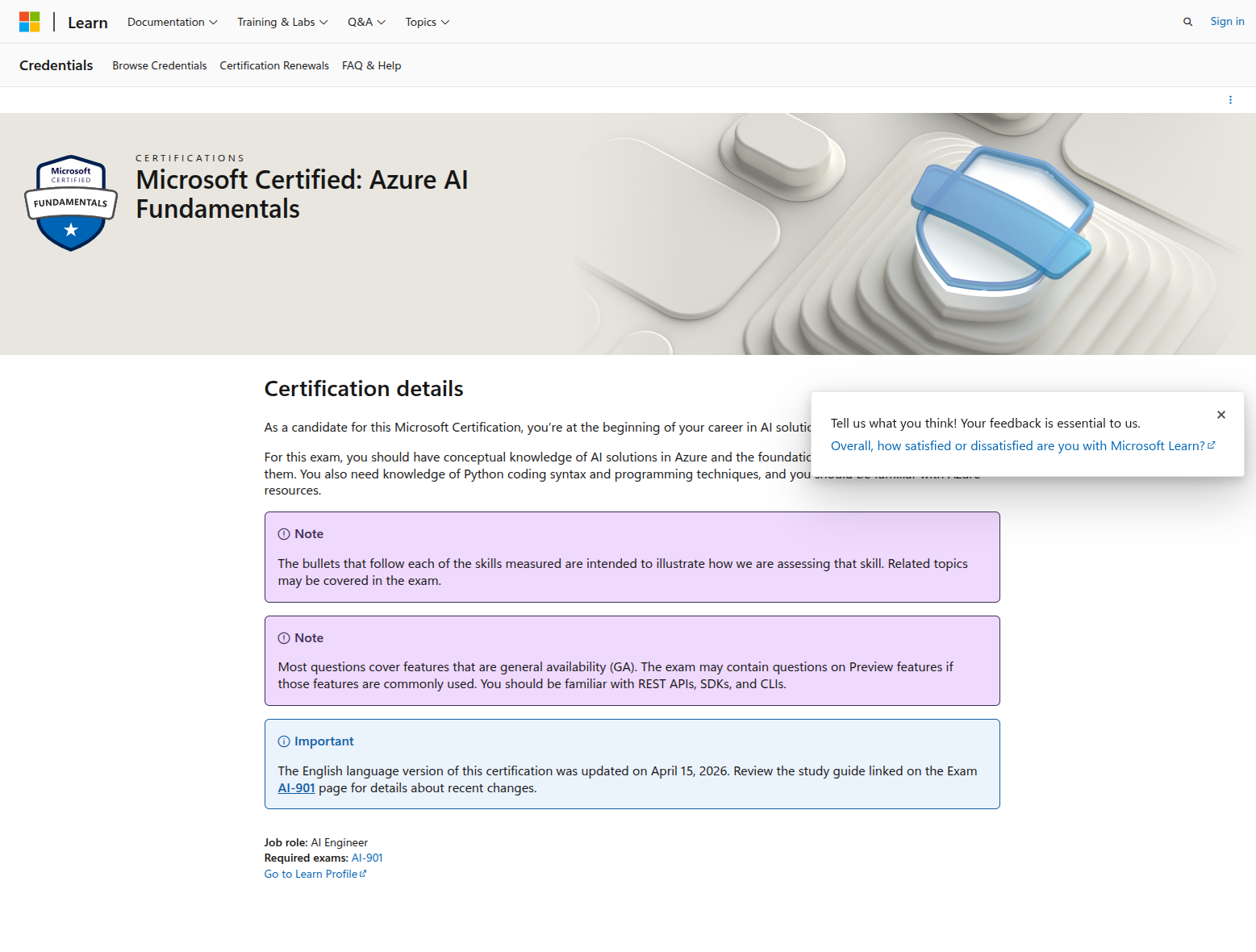 Microsoft Azure AI Fundamentals certification header and certification details
