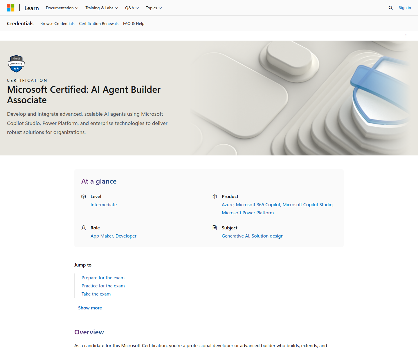 Official Microsoft Learn page for the AI Agent Builder Associate certification