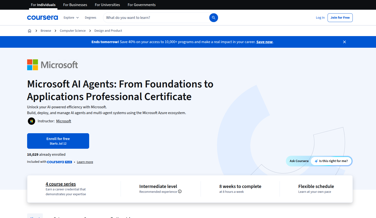 Microsoft AI Agents Coursera professional certificate hero section