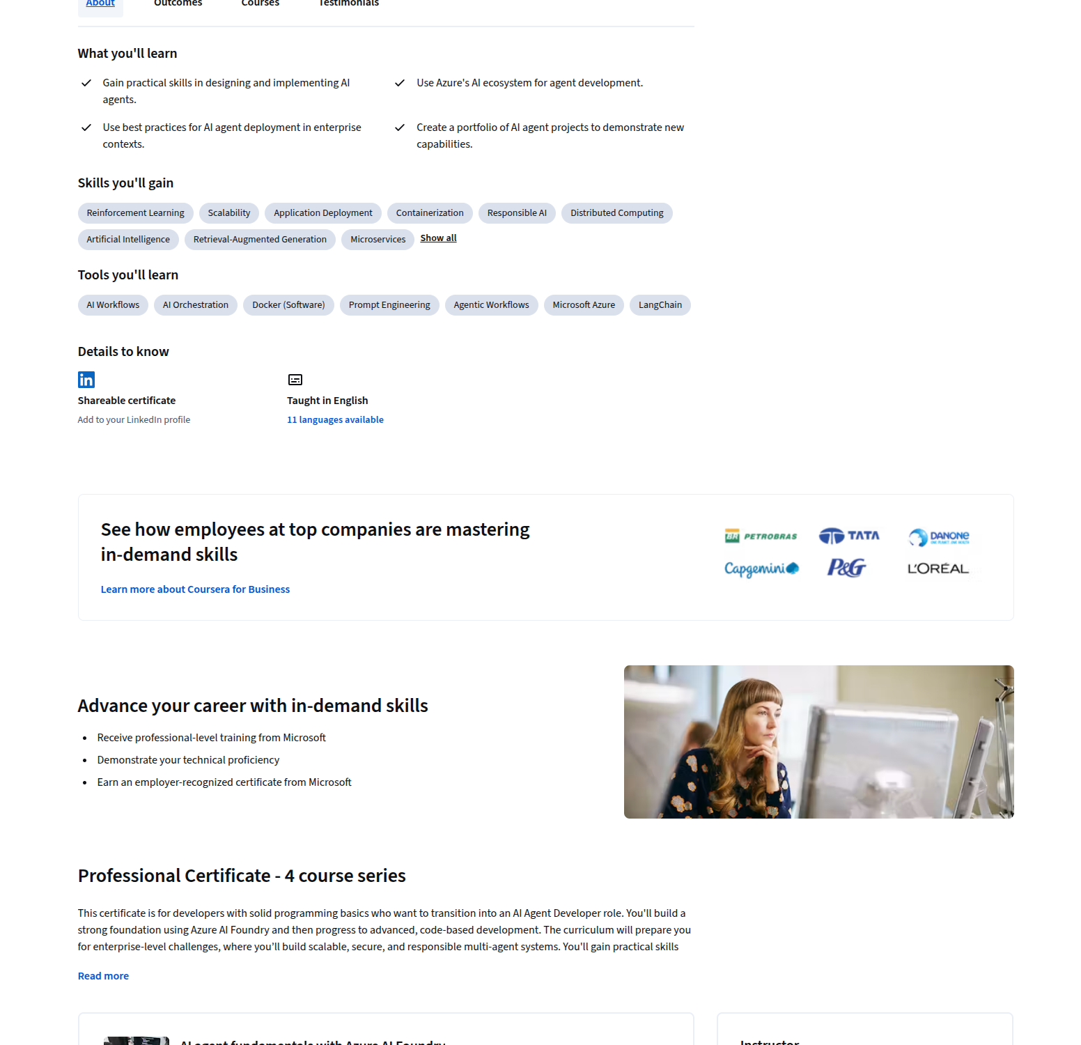 Microsoft AI Agents Coursera outcomes, skills, and tools section