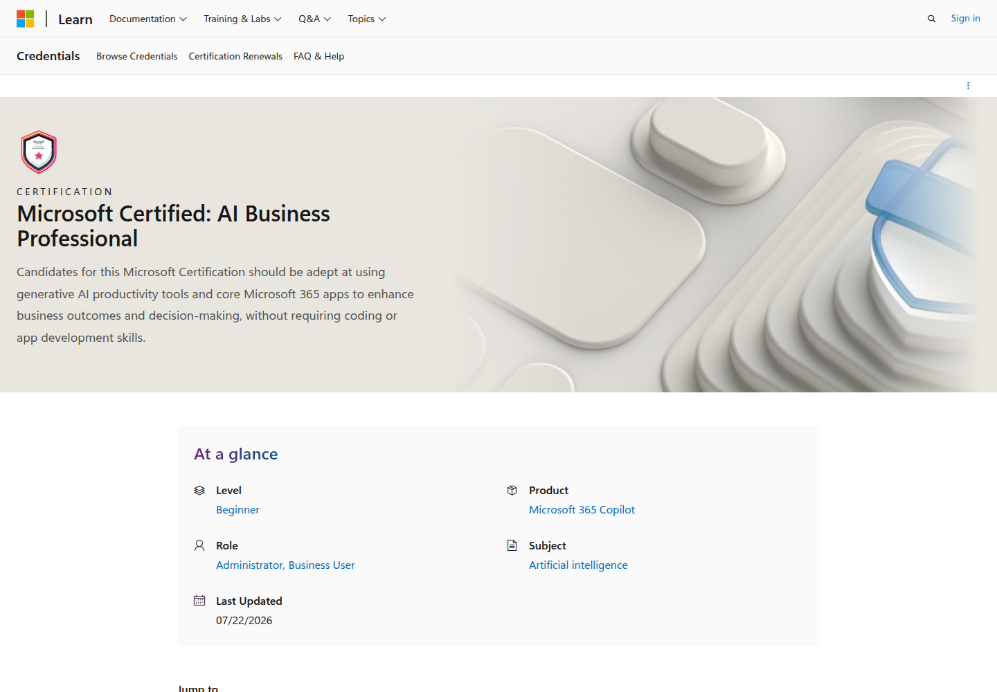Microsoft Certified AI Business Professional certification page showing the badge and overview
