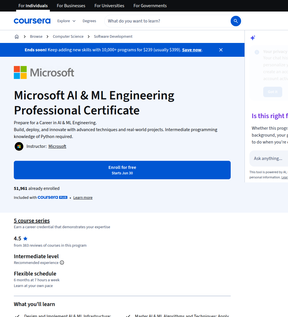 Microsoft AI & ML Engineering Professional Certificate hero section on Coursera