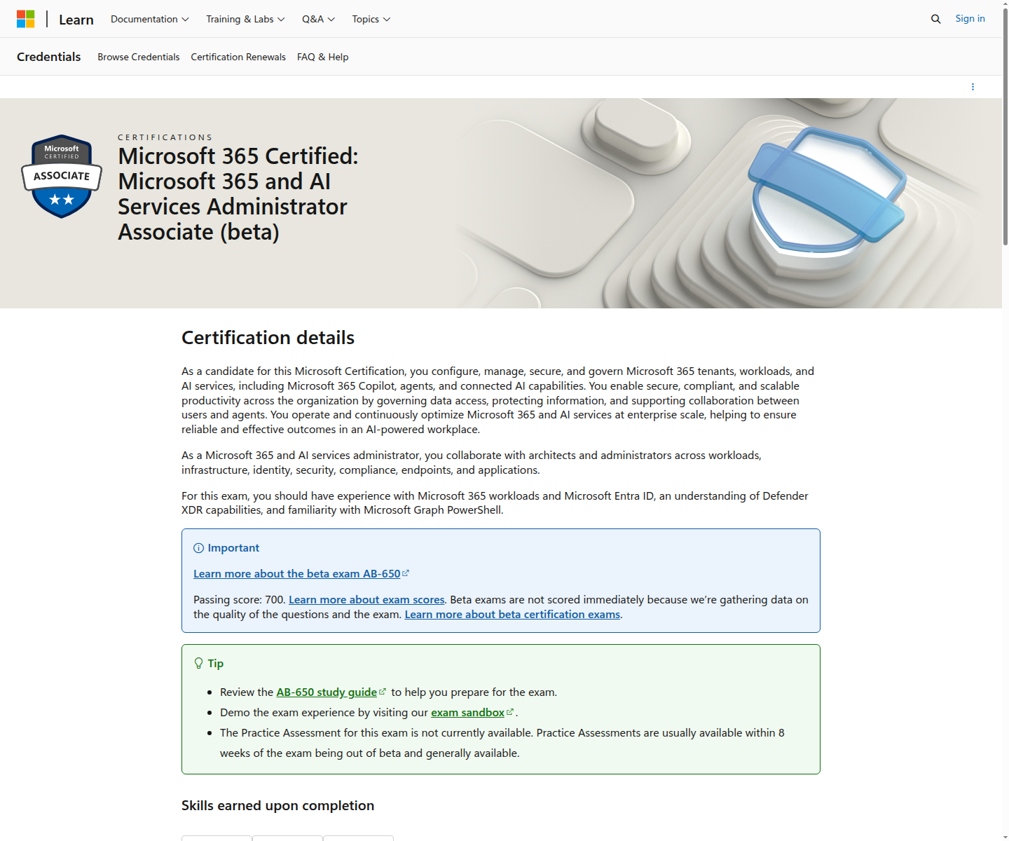Official Microsoft Learn page for Microsoft 365 and AI Services Administrator Associate beta