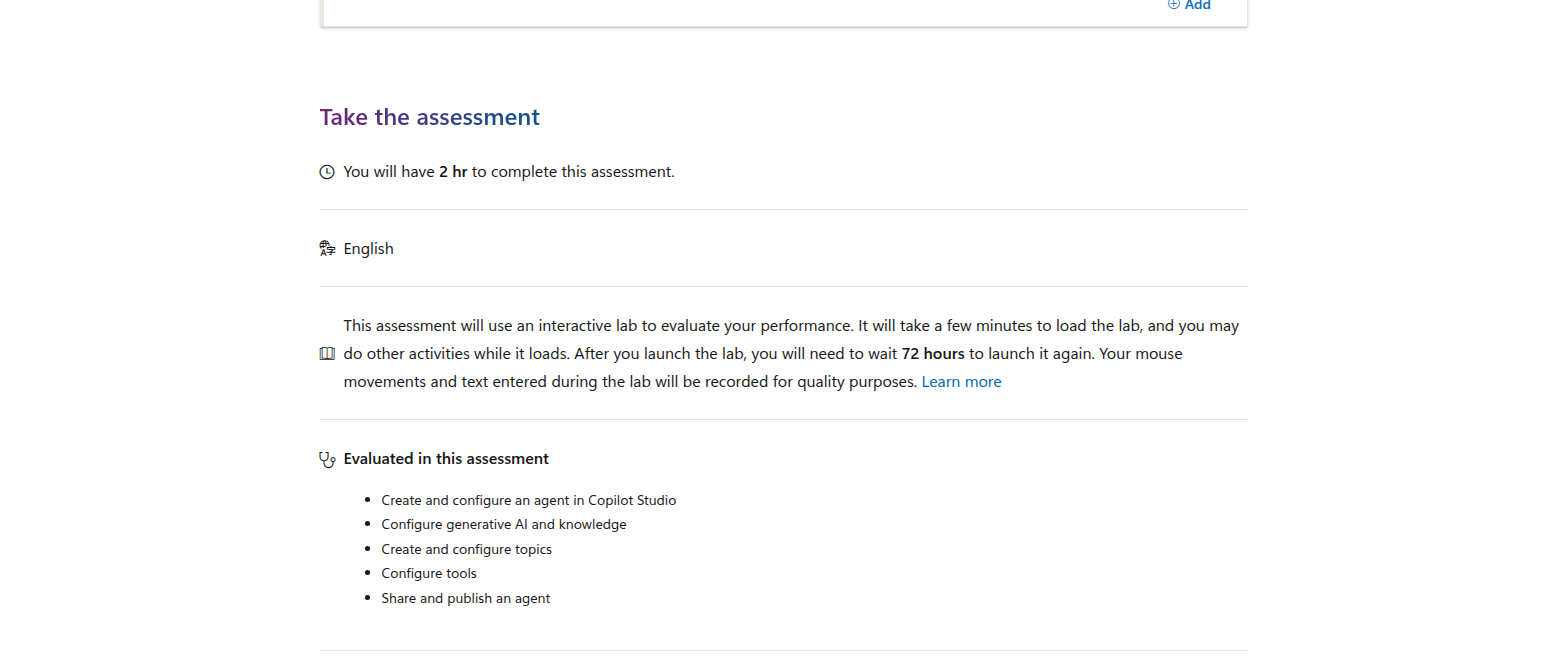 Microsoft Applied Skills assessment section showing the two-hour interactive lab and evaluated tasks