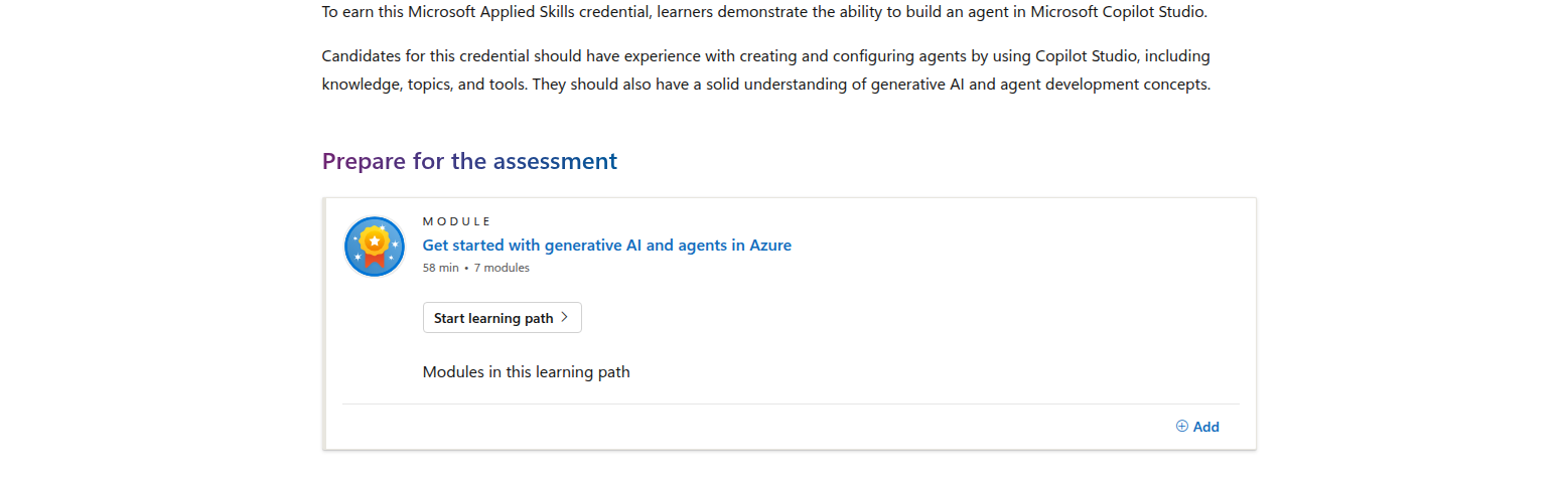 Microsoft Learn learning path and prepare section for Copilot Studio Applied Skills