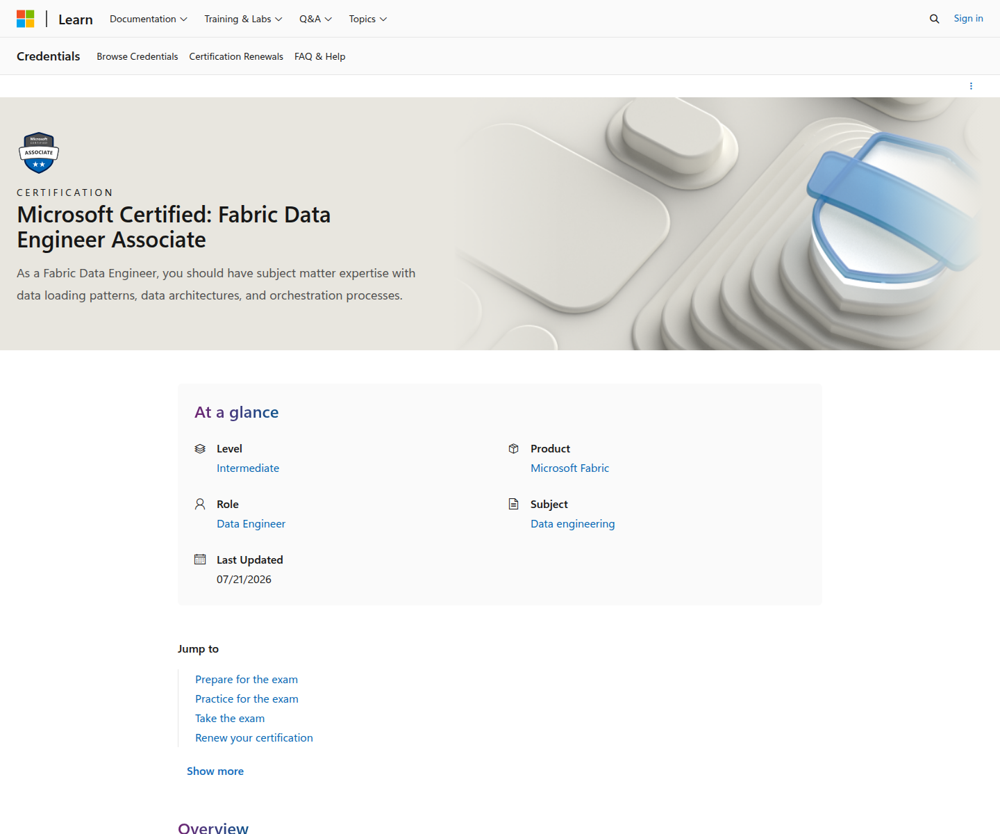 Microsoft Learn page for the Fabric Data Engineer Associate certification