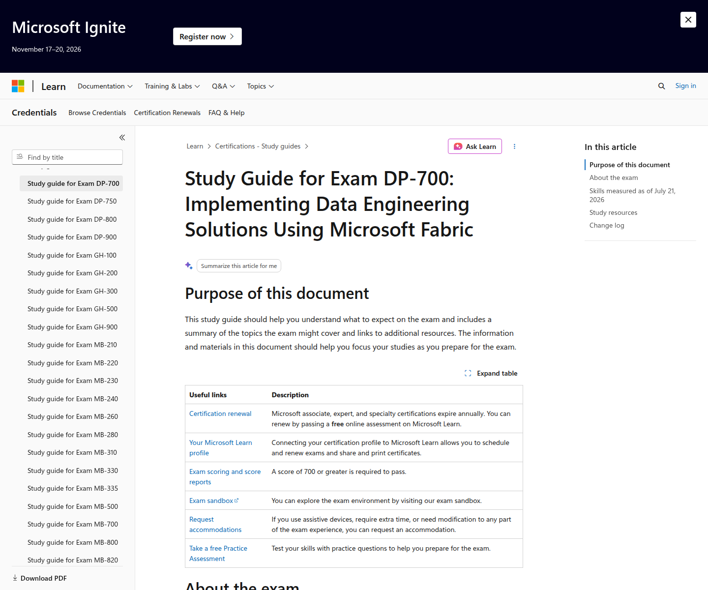 Microsoft Learn DP-700 study guide page