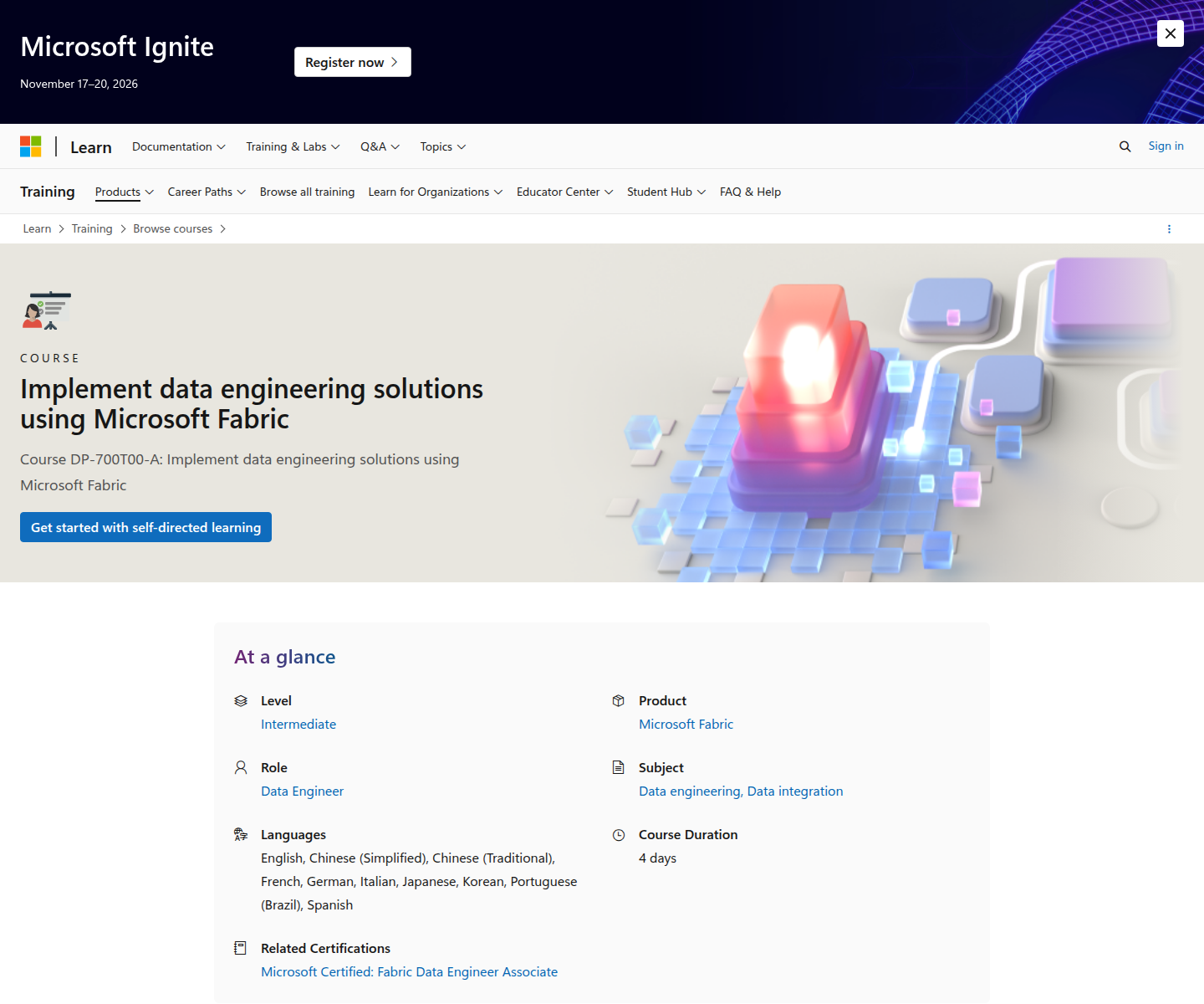 Microsoft Learn DP-700 training course page