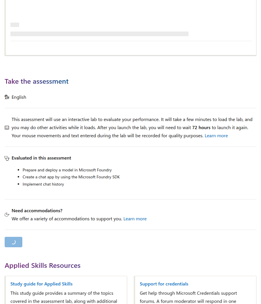 Assessment section and resource cards for the Microsoft Foundry chat app credential