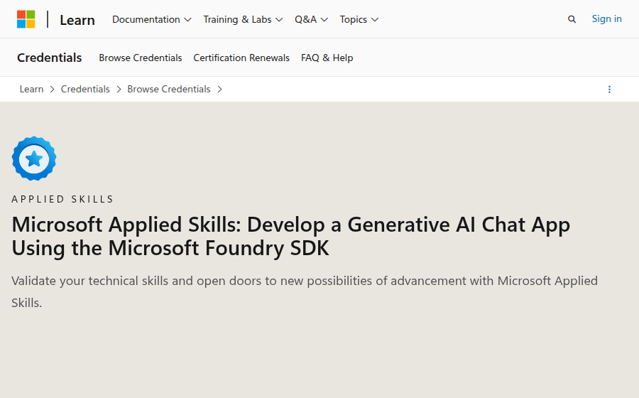 Microsoft Applied Skills hero section for the Generative AI Chat App credential
