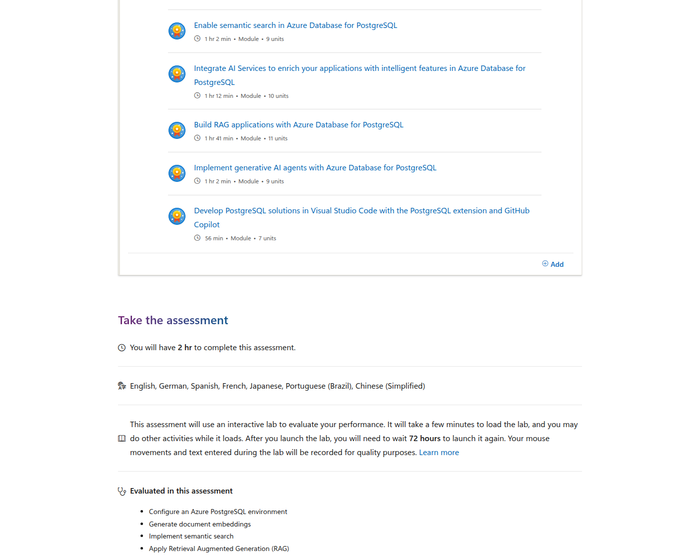Microsoft Applied Skills assessment section showing duration and evaluated skills for Azure Database for PostgreSQL AI-powered solutions