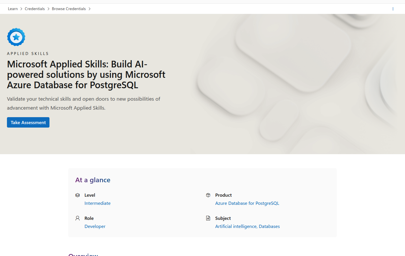 Microsoft Applied Skills credential page for Azure Database for PostgreSQL AI-powered solutions