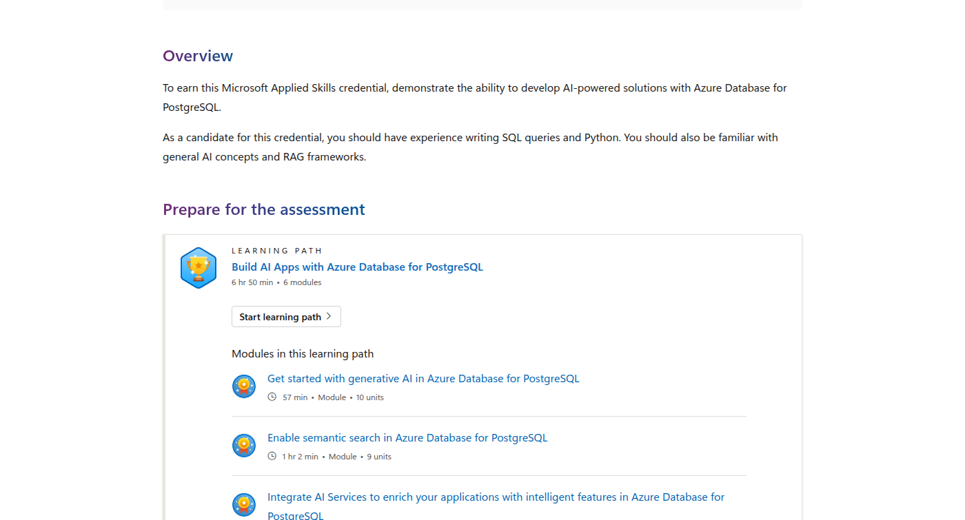 Microsoft Applied Skills learning path and module list for Azure Database for PostgreSQL AI-powered solutions