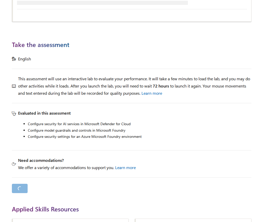Microsoft Applied Skills assessment section showing the 45-minute interactive lab and evaluated tasks for securing AI solutions in the cloud