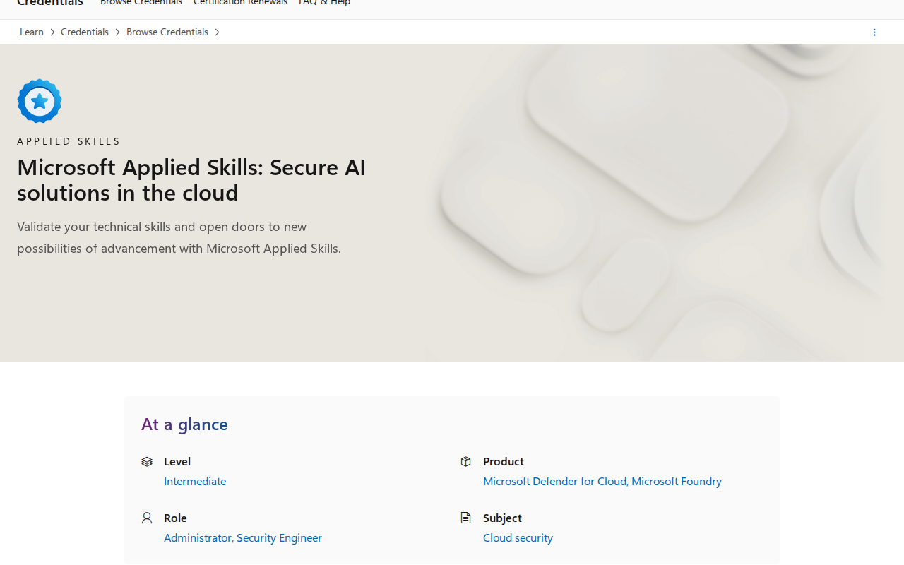 Microsoft Applied Skills credential page for Secure AI solutions in the cloud