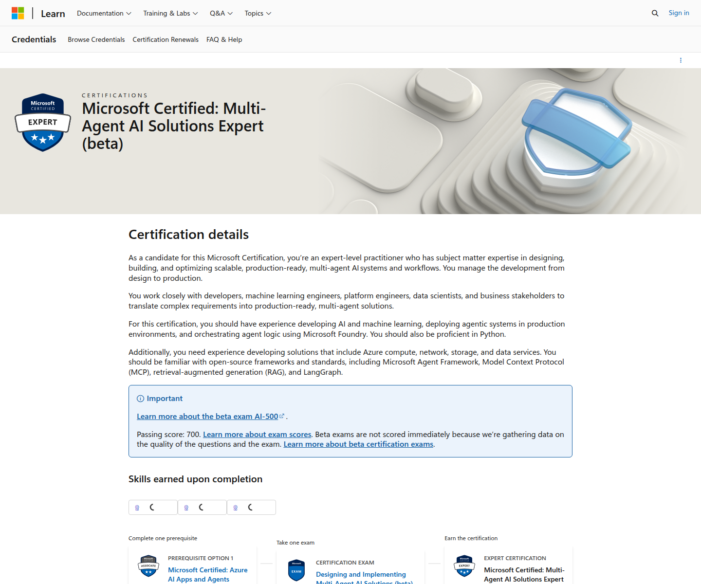 Microsoft Certified Multi-Agent AI Solutions Expert beta credential page