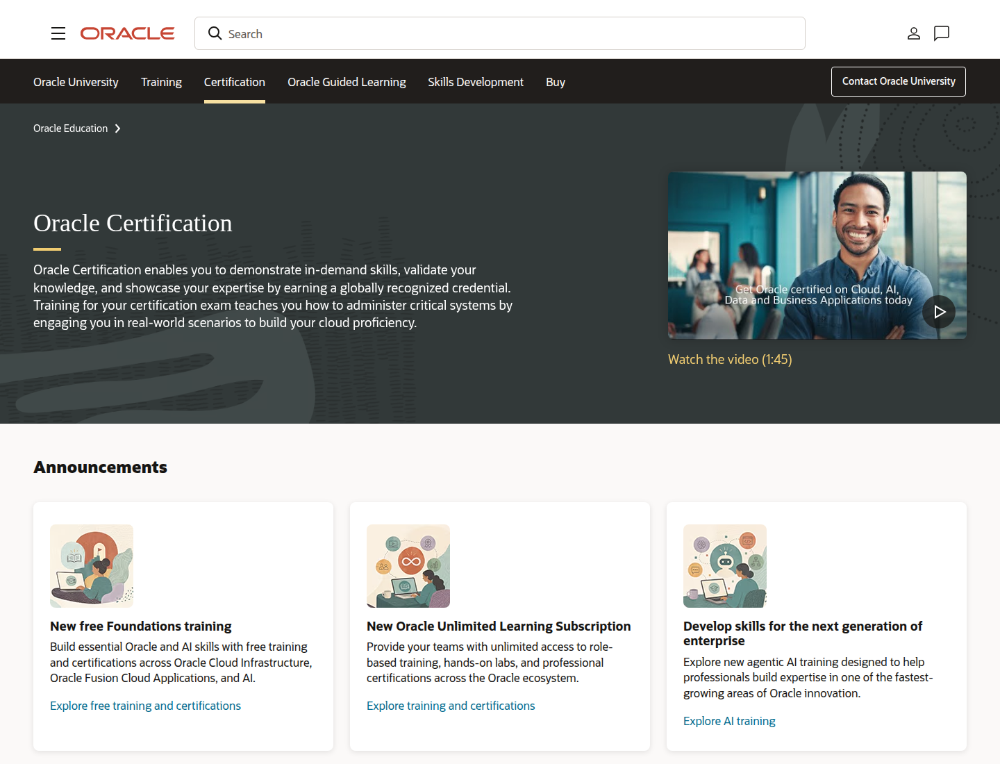 Official Oracle certification page and certification levels