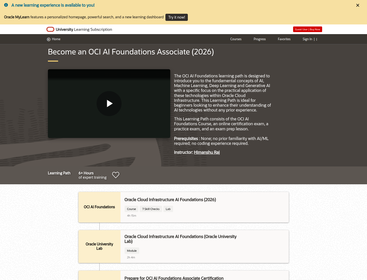 Official Oracle MyLearn OCI AI Foundations Associate 2026 learning path