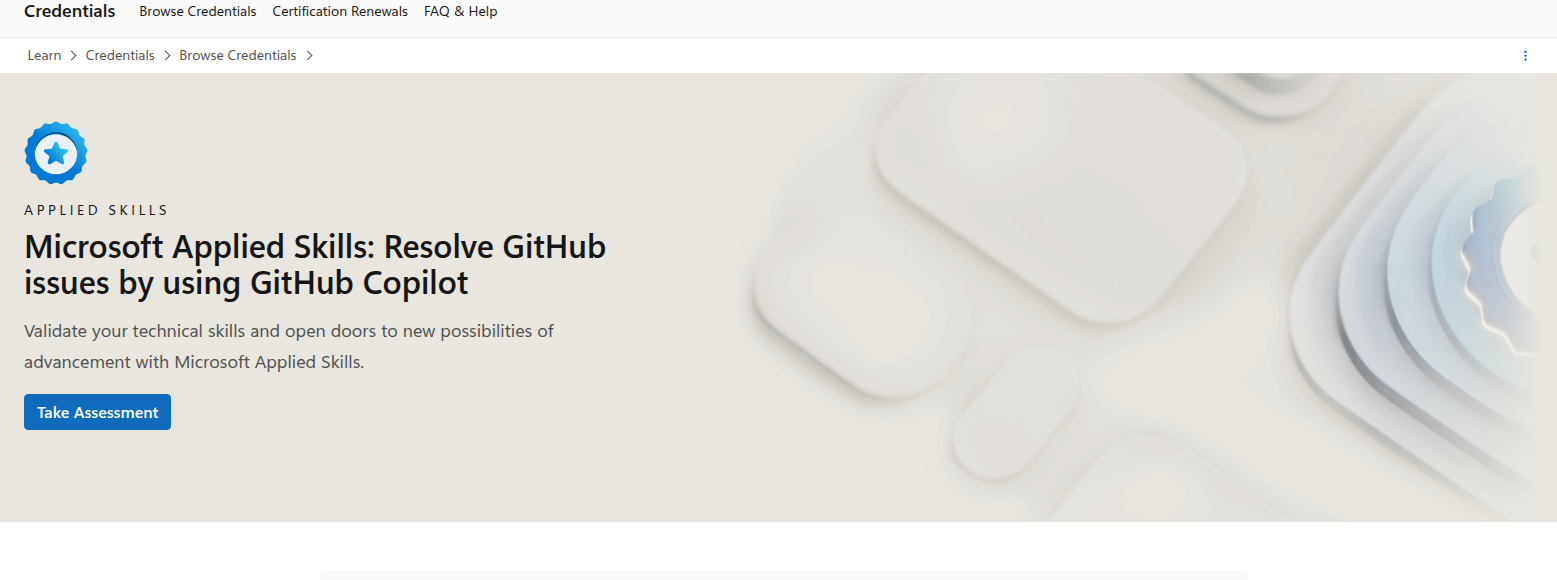Microsoft Applied Skills credential page hero for Resolve GitHub issues by using GitHub Copilot