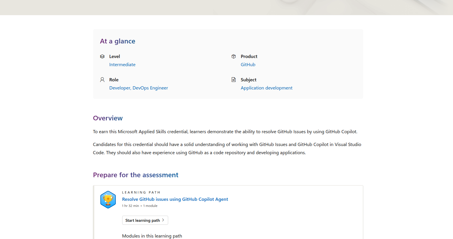 Learning path and module card for the Resolve GitHub issues by using GitHub Copilot Applied Skills badge