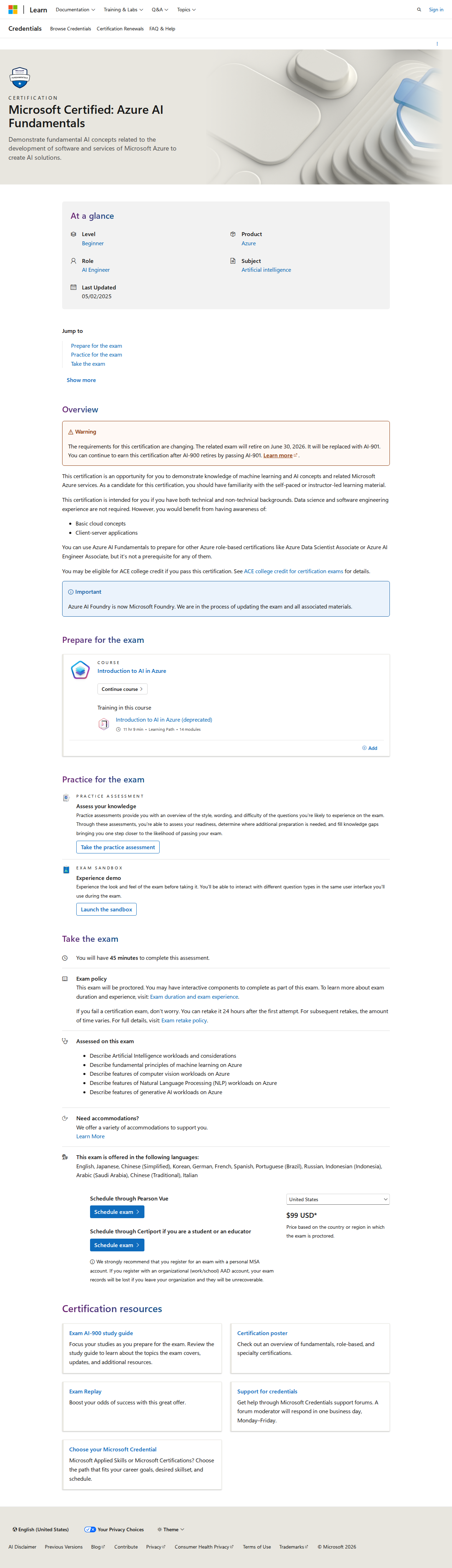 Official Microsoft Learn screenshot for the AI-900 Azure AI Fundamentals certification page