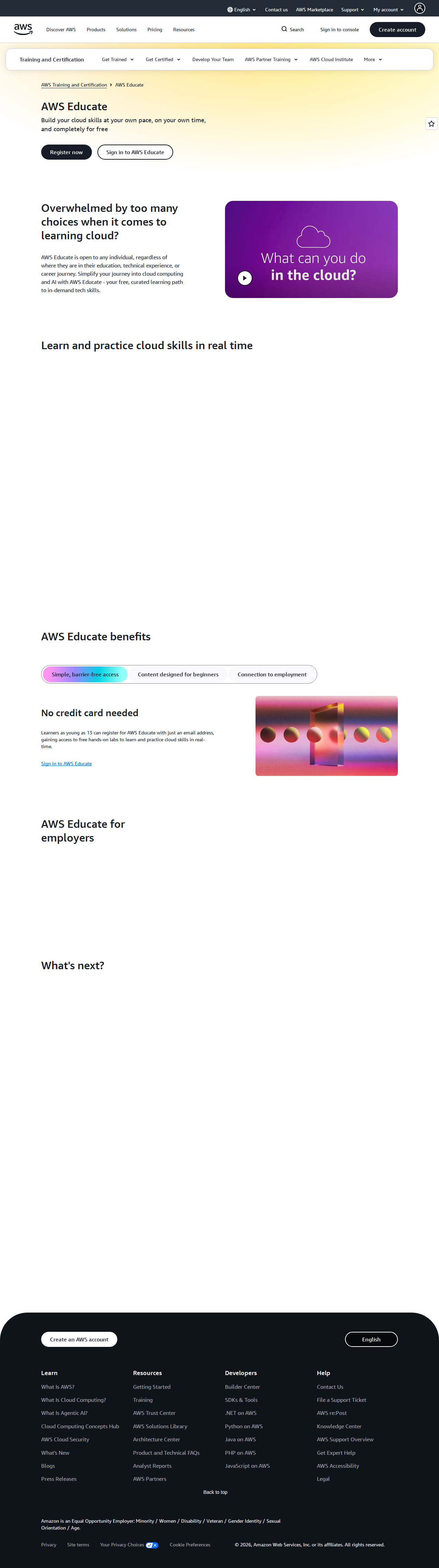 Official AWS Educate screenshot showing the free learning path entry point