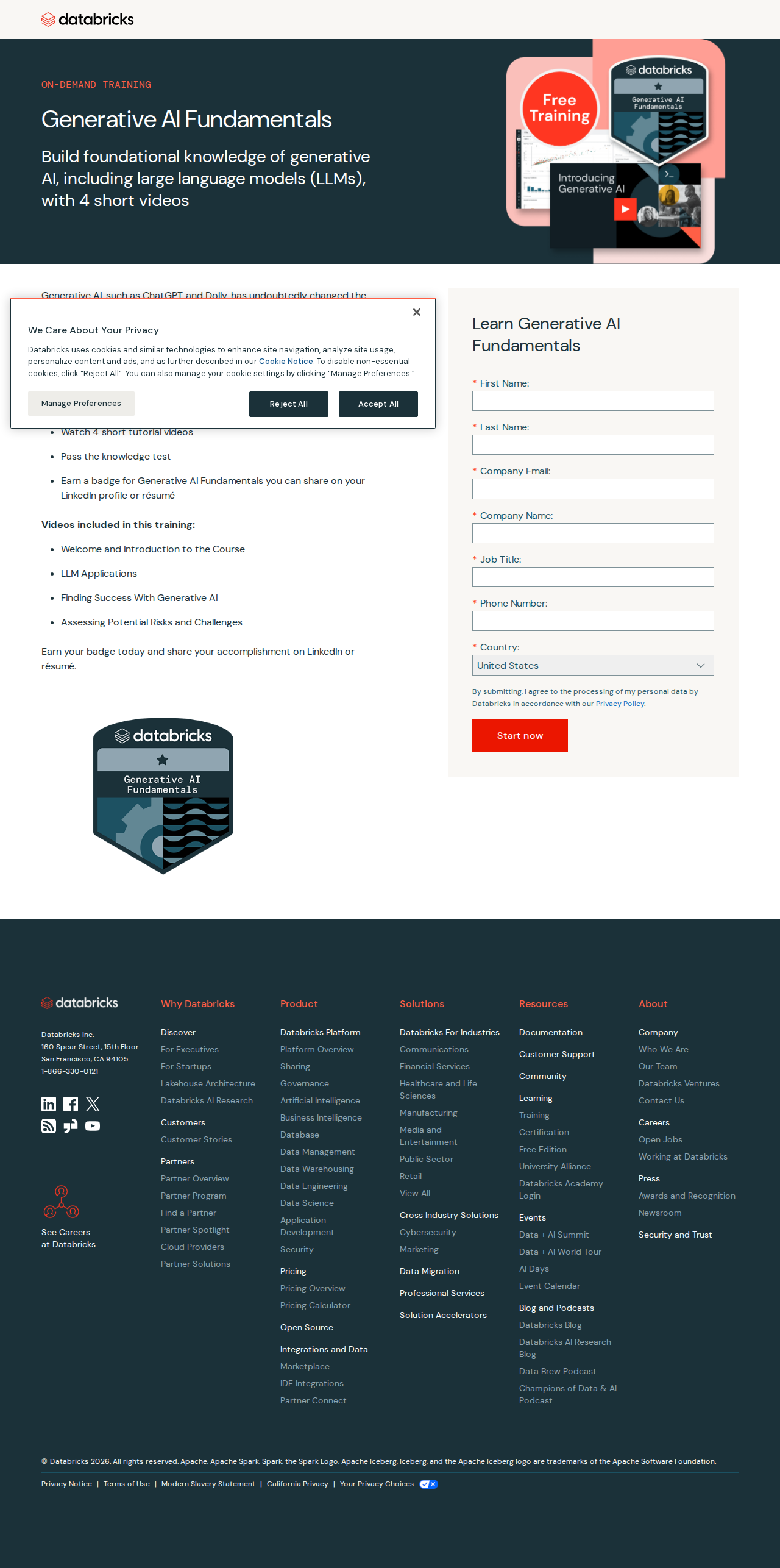 Official Databricks screenshot for the Generative AI Fundamentals training page
