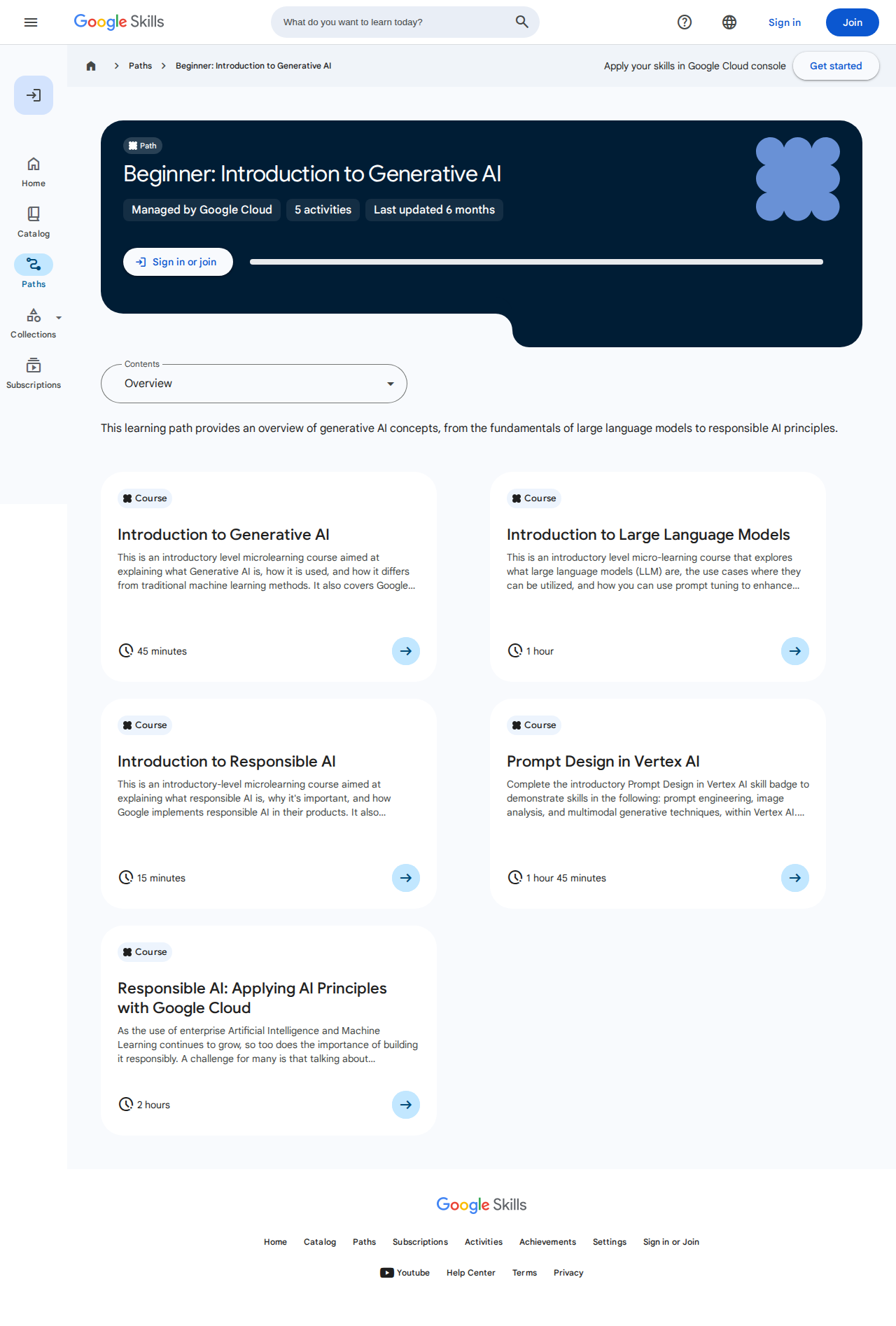Official Google Skills screenshot for the Introduction to Generative AI learning path