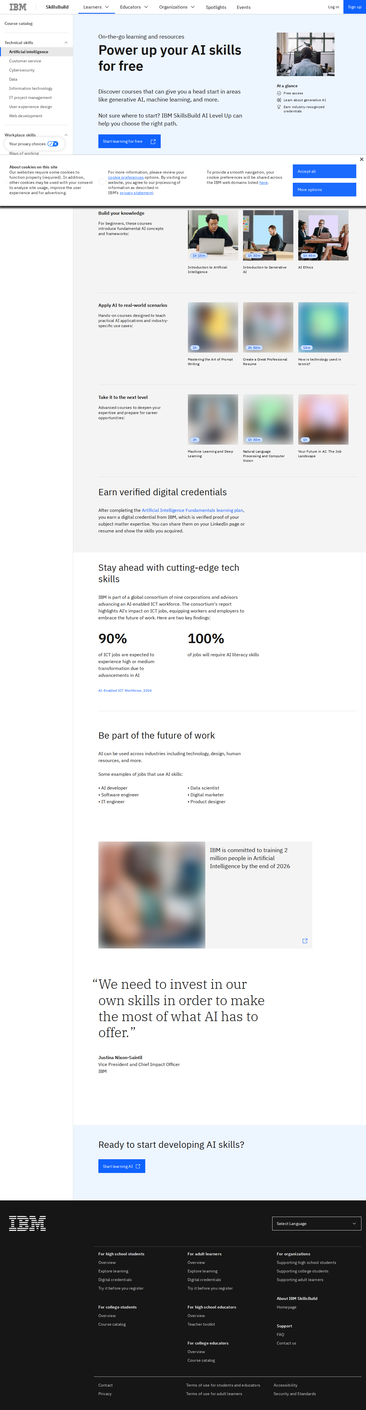 Official IBM SkillsBuild screenshot showing the Artificial Intelligence learning page