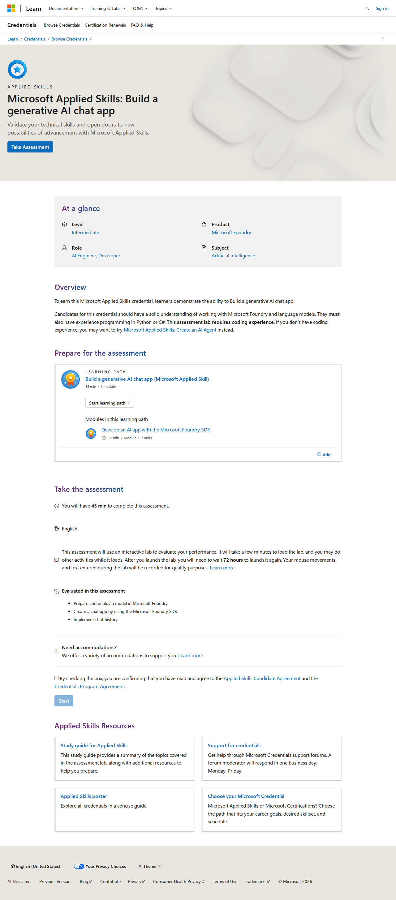 Official Microsoft Learn screenshot for the Build a Generative AI Chat App Applied Skills credential